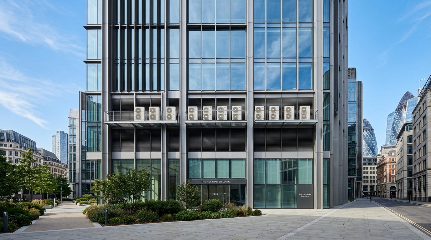 Modern London commercial building facade with discrete air conditioning units, illustrating planning permission requirements for HVAC installations
