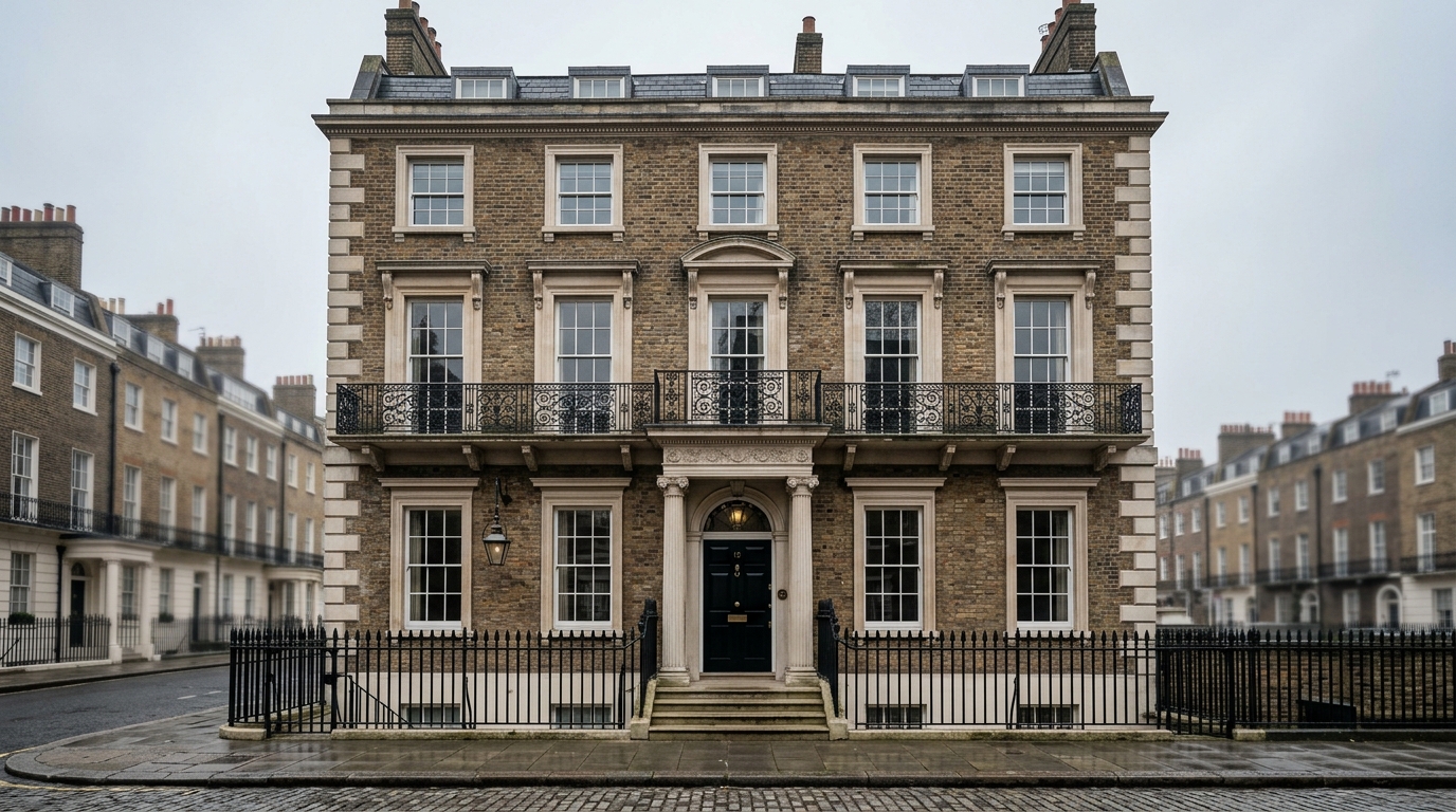 Grade II listed Georgian townhouse facade in London with ornate stonework, sash windows and iron railings