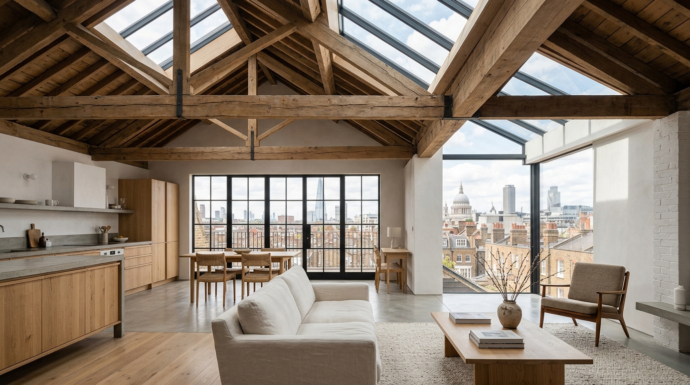 Elegant loft conversion interior with exposed beams and skylights, London rooftops visible through the windows