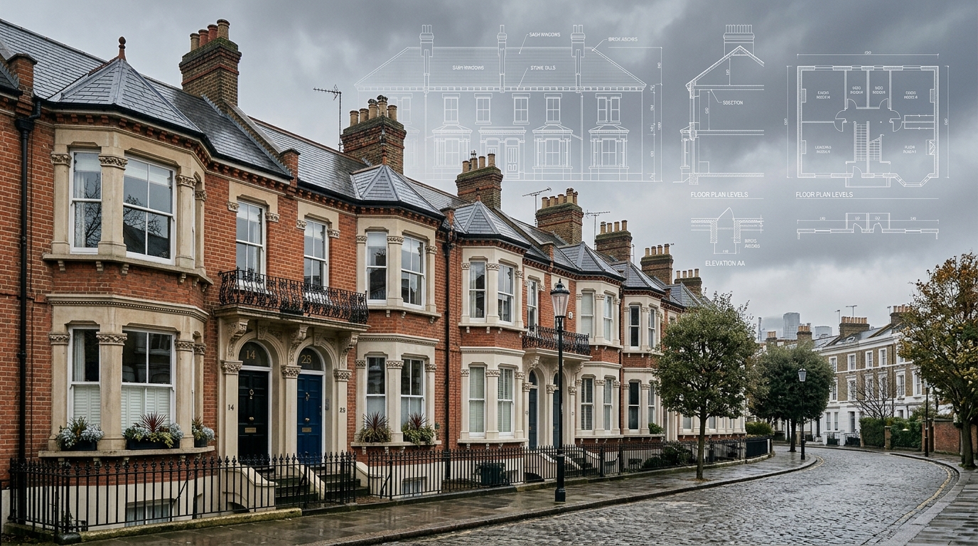 Victorian terraced houses in London with architectural planning drawings overlay, illustrating Permitted Development Rights