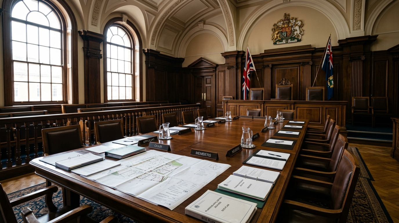 Formal planning hearing room with architectural plans and official documents on a polished wooden table
